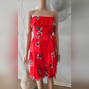 White House Black Market Red Floral Strapless Ruffle Tiers Waist Tie Women Dress